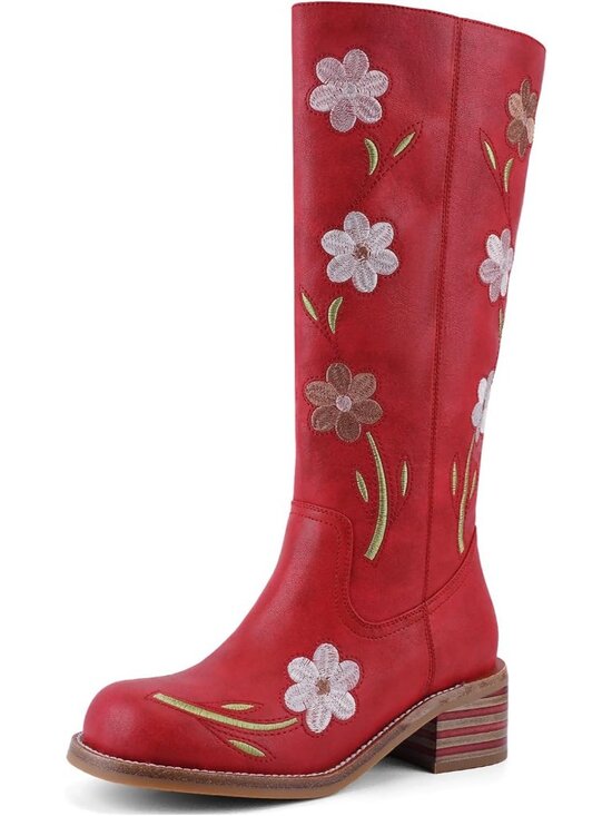 Shoes - Women's Red Flowers Low Heel Square Toe Chunky Block Heel Long Knee High Boot